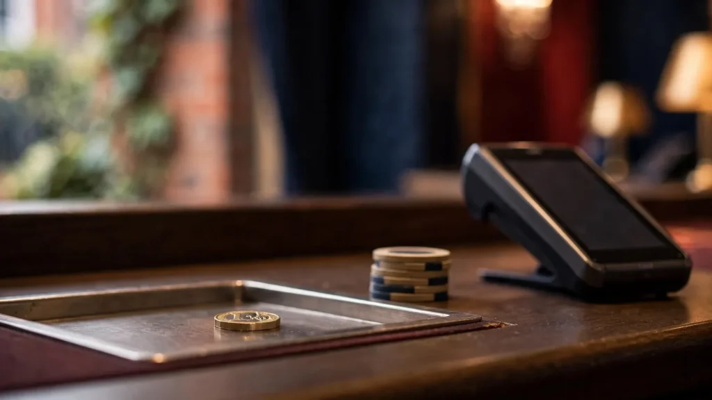 A single pound coin beside a cashier terminal in a UK casino