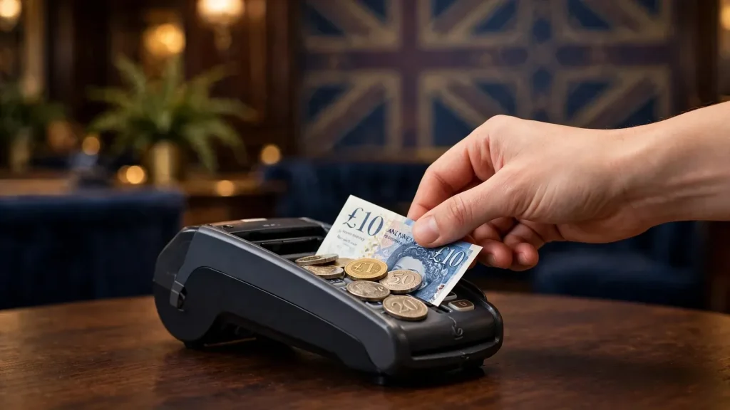 Hand placing a ten-pound note and coins into a secure UK casino payment terminal.