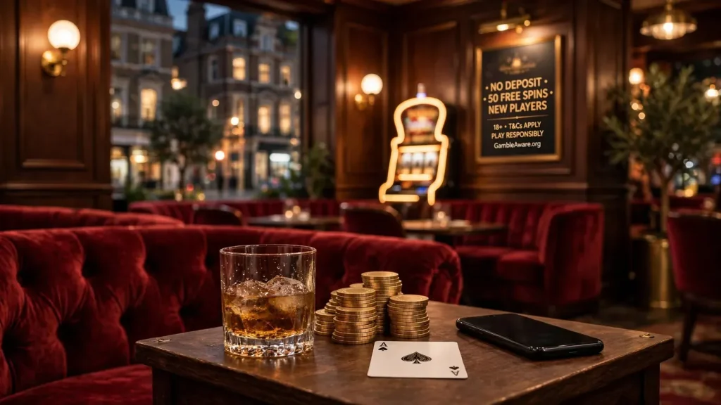 Stylish London casino lounge with chips, whisky, and a face-down phone at night