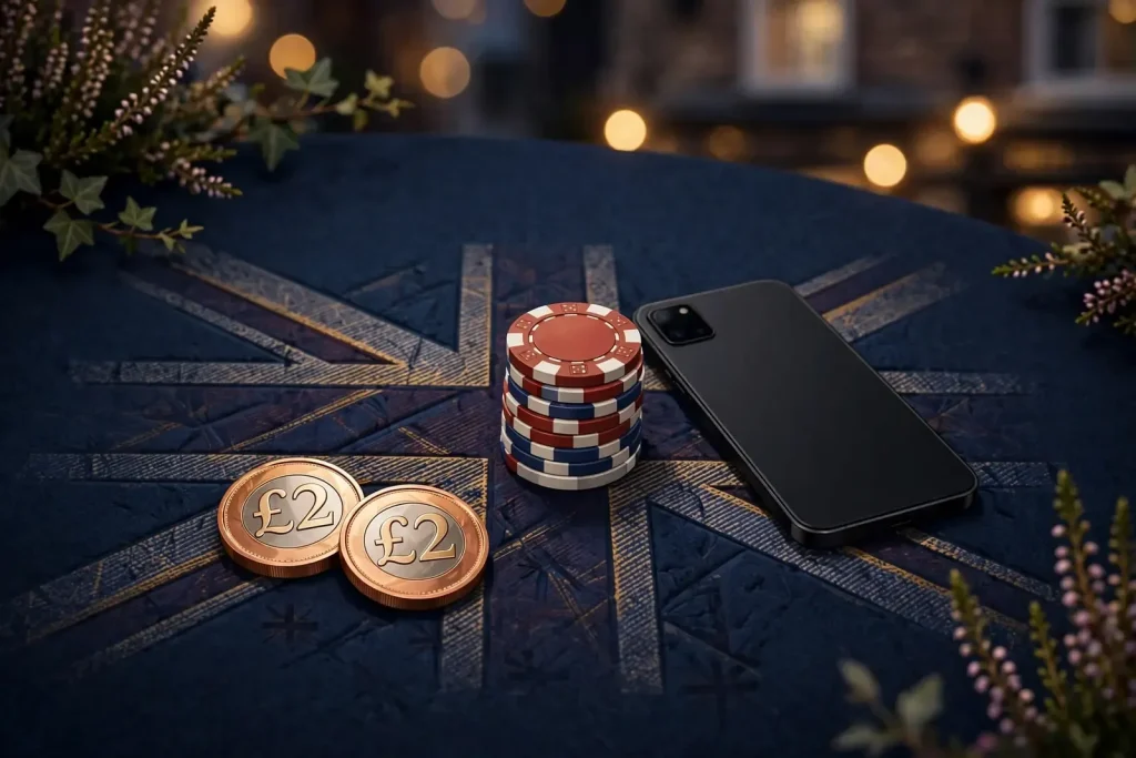 Two pound coins and poker chips on a British-themed casino table