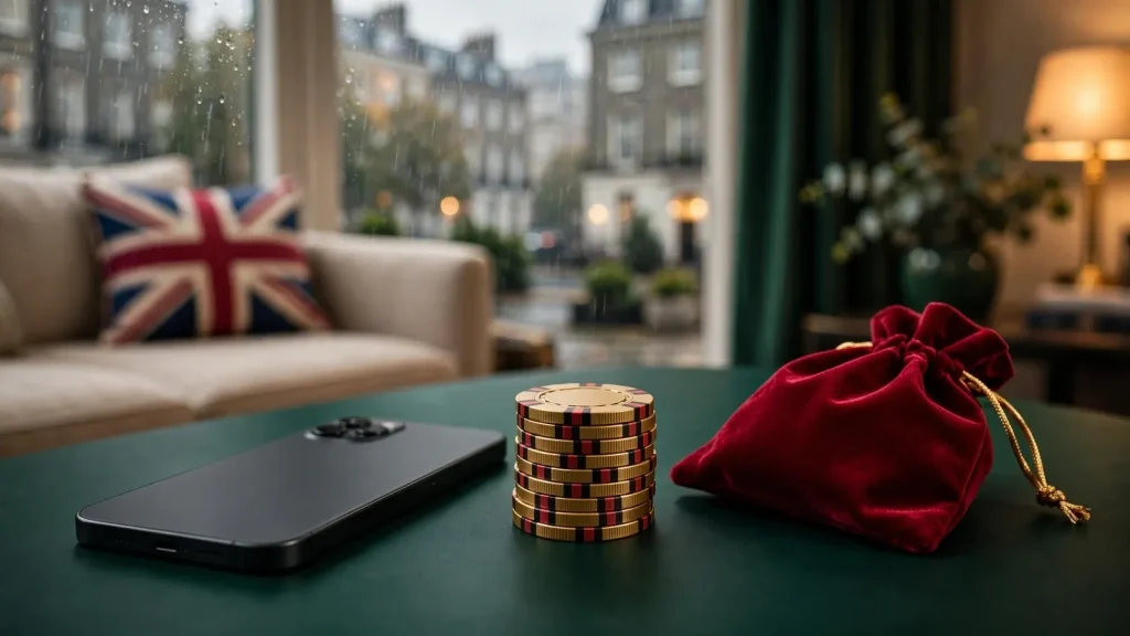 Face-down phone, gold casino chips and a Union Jack cushion in a London room