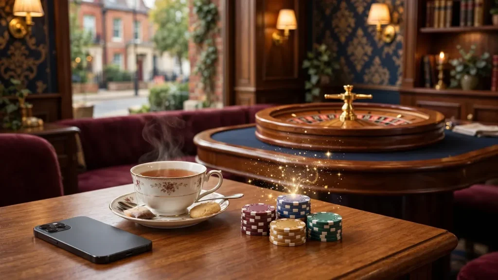 British casino lounge table with poker chips, roulette wheel, and smartphone