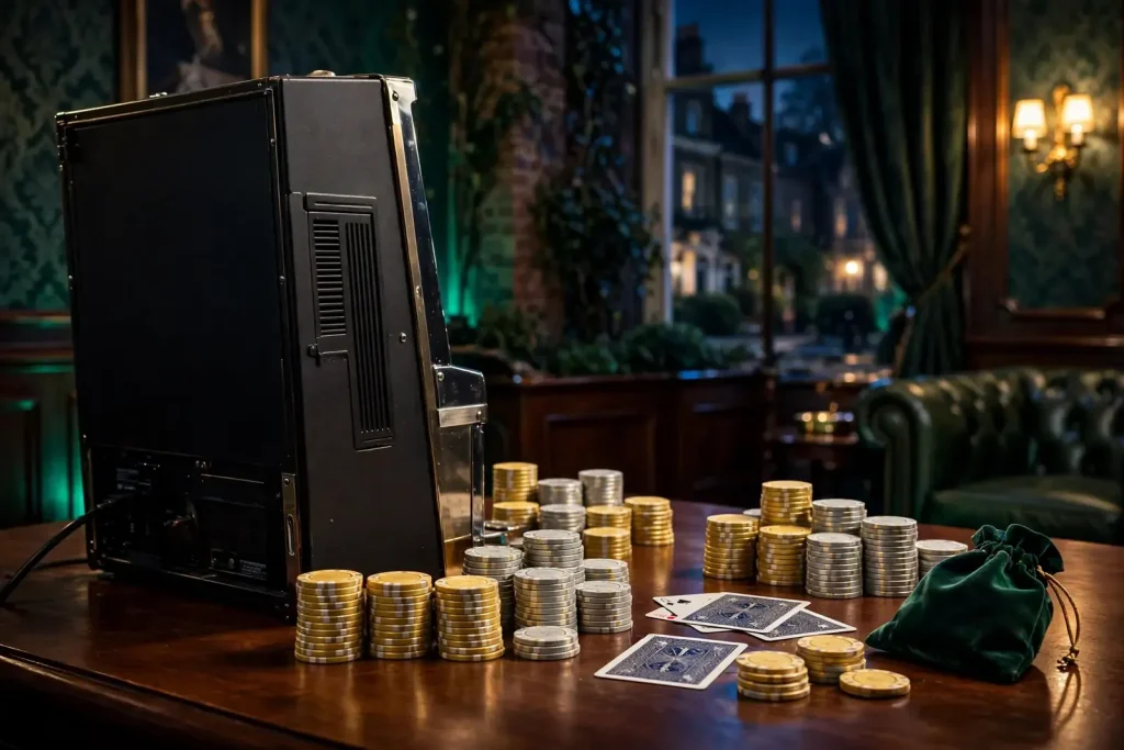 Dark slot machine, casino chips and playing cards in an elegant British lounge