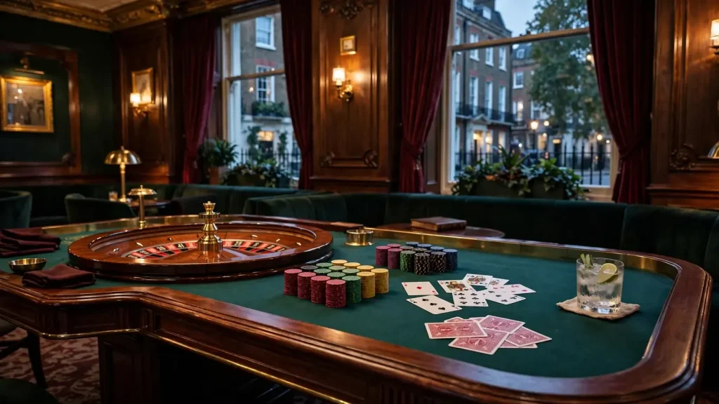 Elegant British casino lounge with roulette chips and playing cards