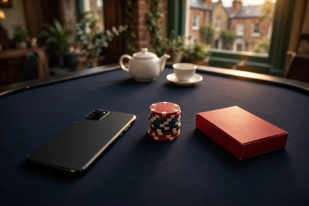 Face-down smartphone, casino chips and closed deck on a UK-themed gaming table