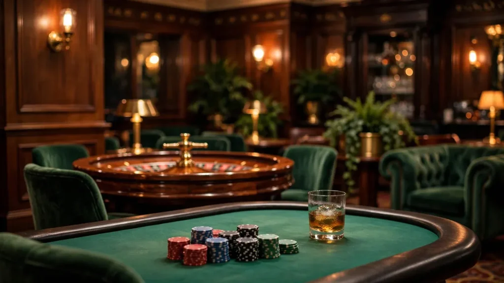 British casino lounge with green felt table and stacked chips