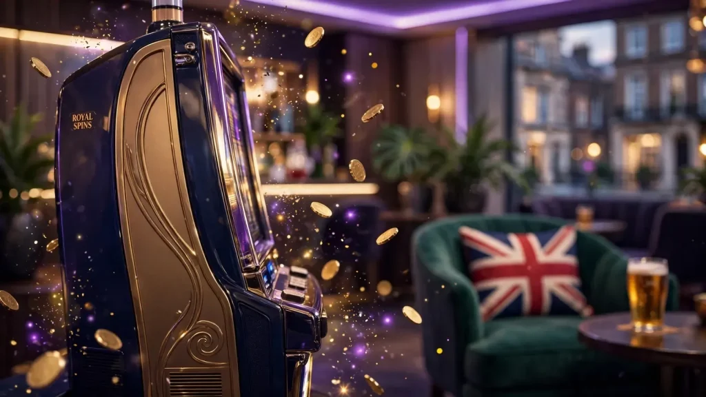 Stylized UK casino lounge with a slot machine and floating gold coins