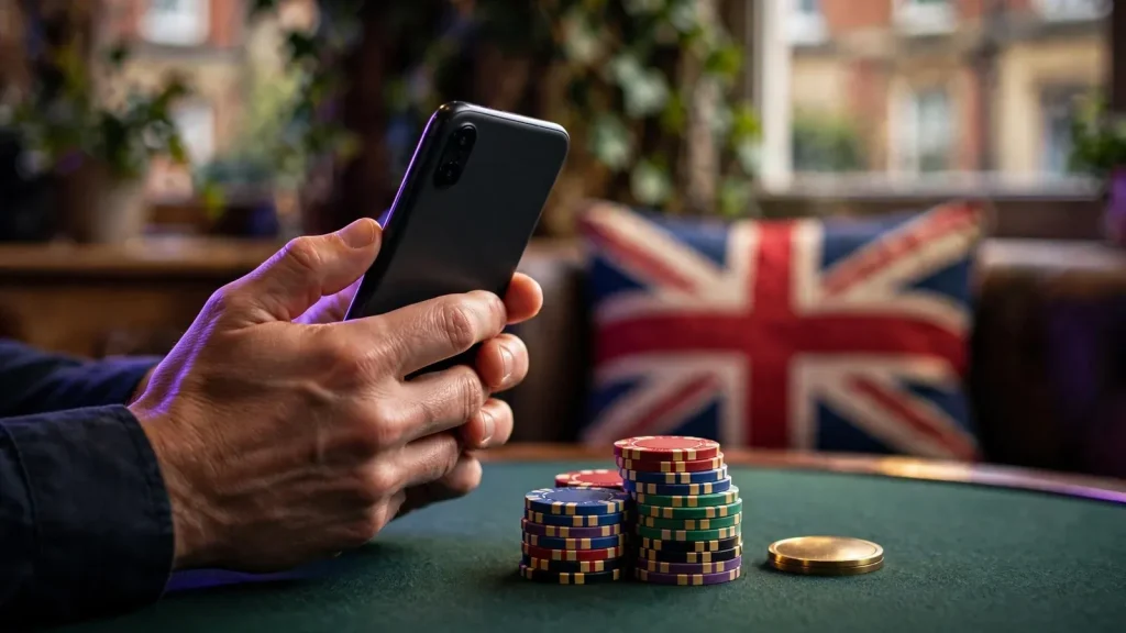 Turned-away smartphone with casino chips in a premium UK setting