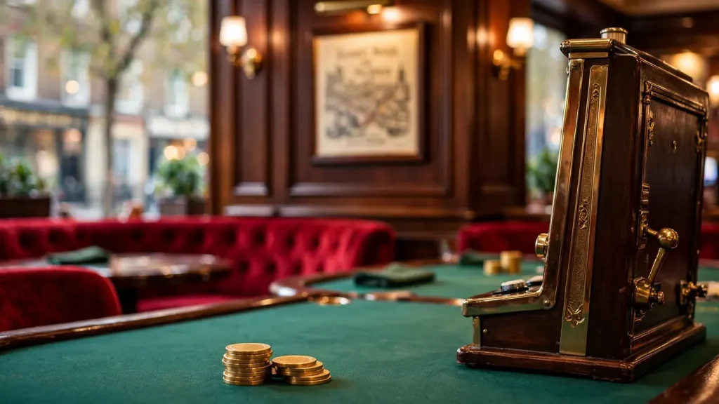 British casino lounge with chips and slot machine