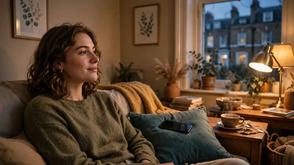 Person relaxing at home in a London flat with a smartphone nearby