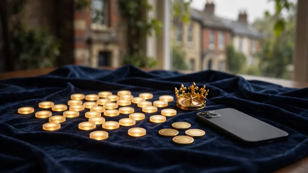 Eighty glowing casino tokens beside a face-down smartphone on a premium tabletop
