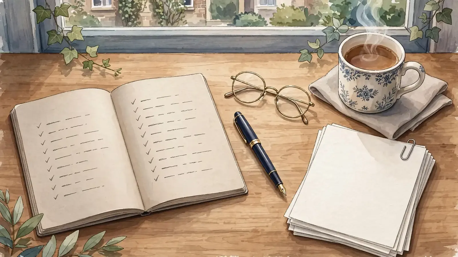 Editorial desk scene with notebook, pen, glasses and British tea mug.