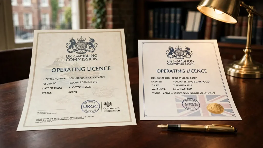 Two gambling license certificates on a London office desk comparing offshore and UK regulation