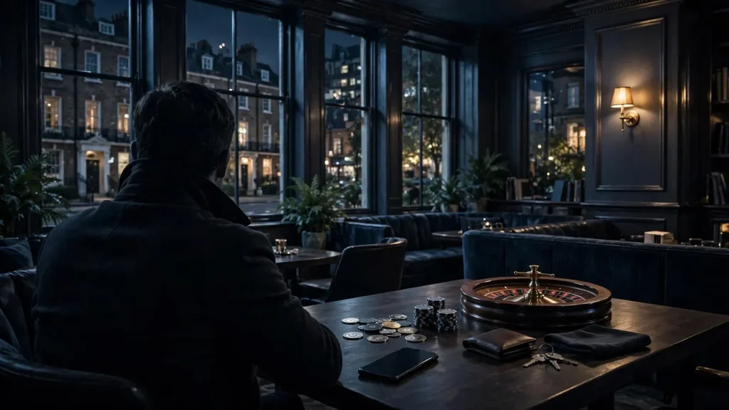 Anonymous crypto casino concept in a private UK night lounge