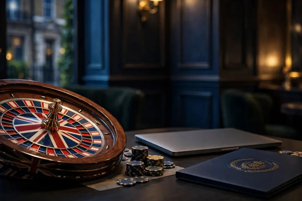 UK casino theme with roulette wheel, chips and regulation symbols