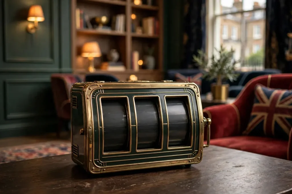 Vintage three-reel slot machine in a stylish British gaming lounge