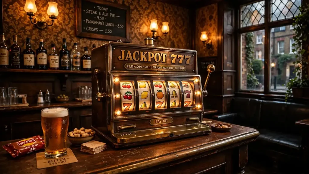 Classic five-reel slot machine in a traditional British pub