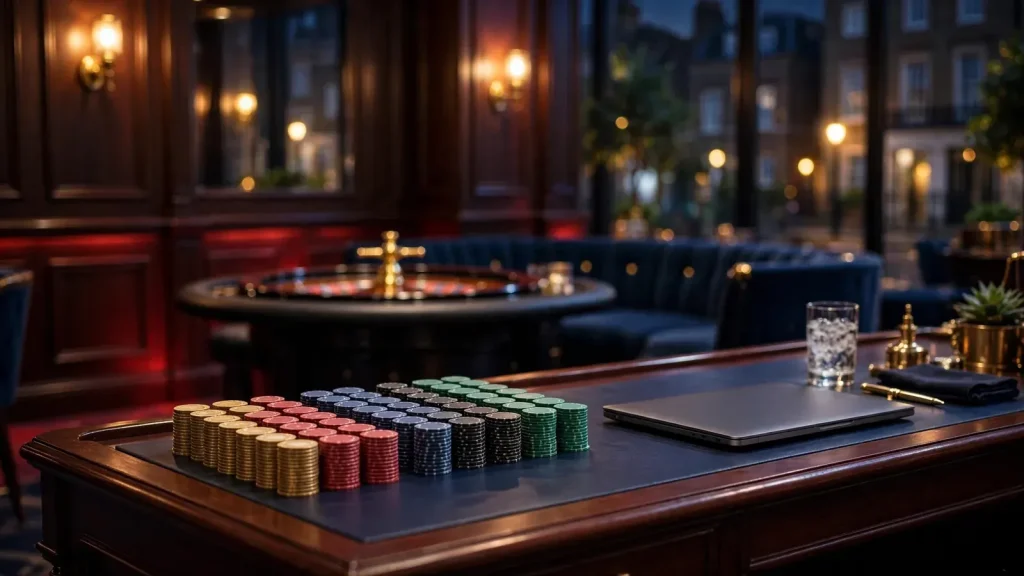 Elegant UK casino lounge with chips, roulette wheel, and warm lighting