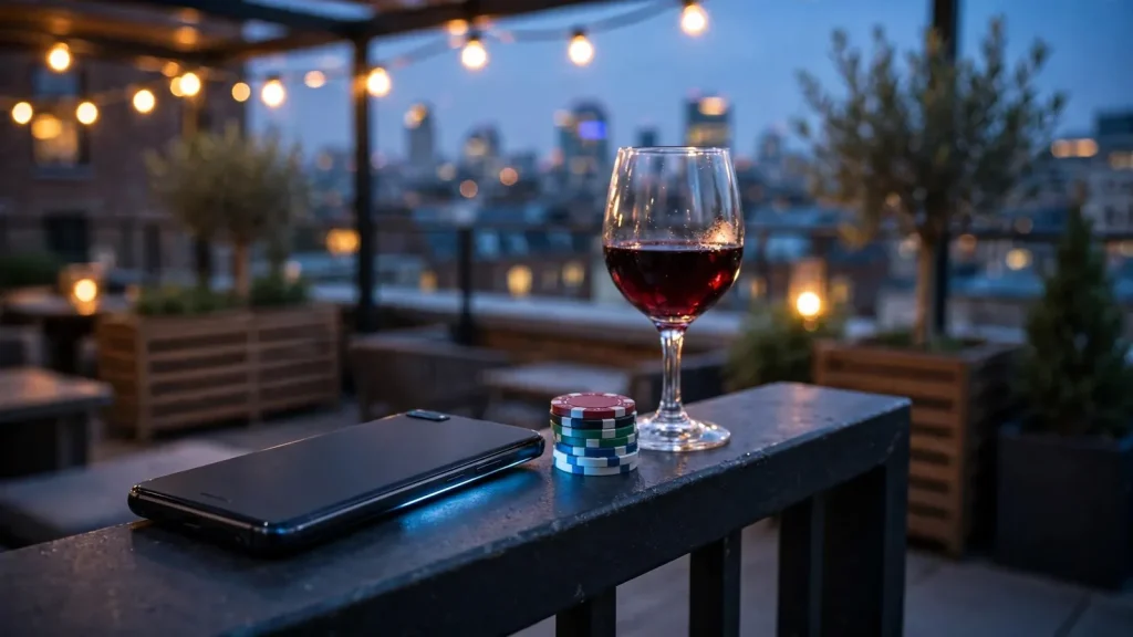 Smartphone with casino chips on a London rooftop at dusk