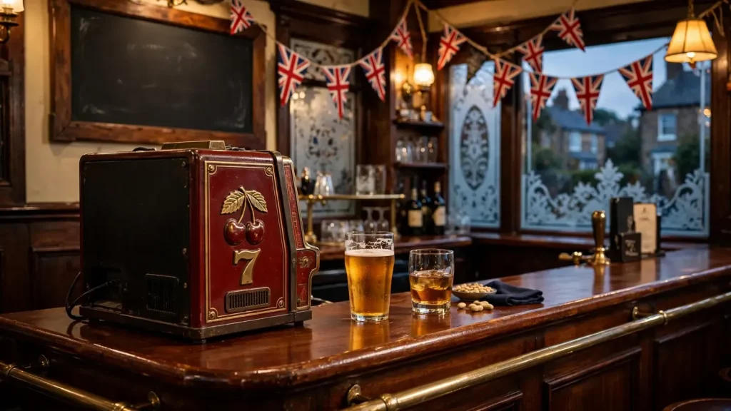 British pub interior with a classic fruit machine at the bar
