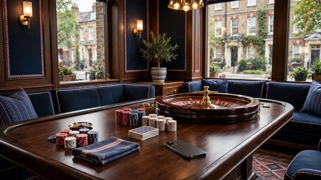 Elegant UK casino lounge with roulette props and a face-down smartphone