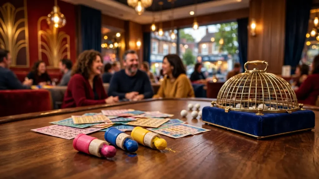 Modern UK bingo hall interior with bingo daubers, tickets, and a bingo cage on a wooden table.