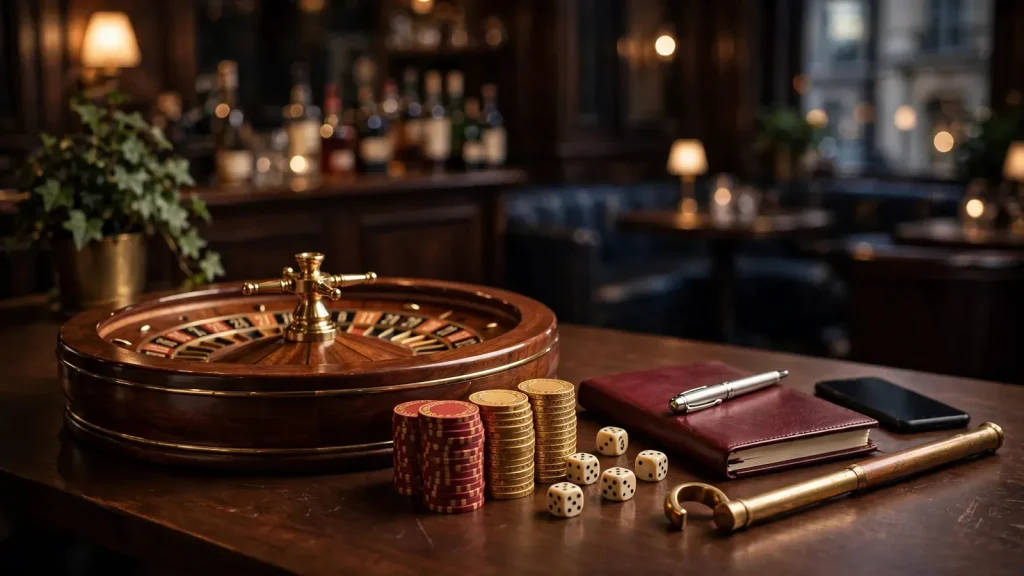 Casino gaming props arranged on a dark wooden table in a warm British lounge setting