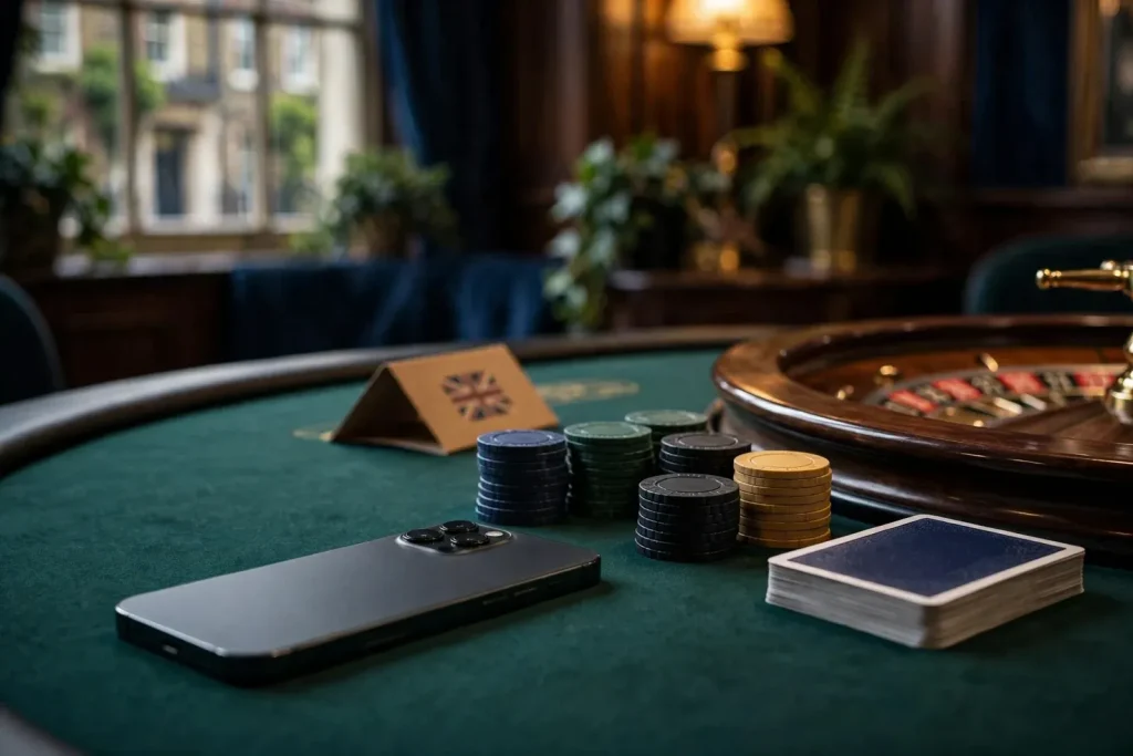 Face-down smartphone with casino chips, cards and roulette wheel in a premium UK setting
