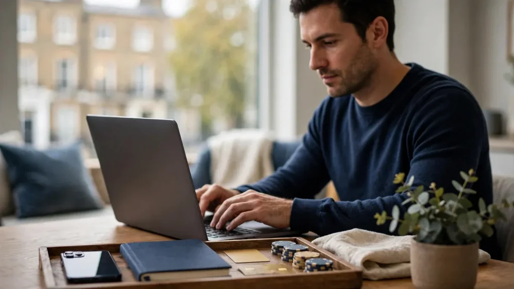 UK customer registering for a casino welcome offer using a laptop