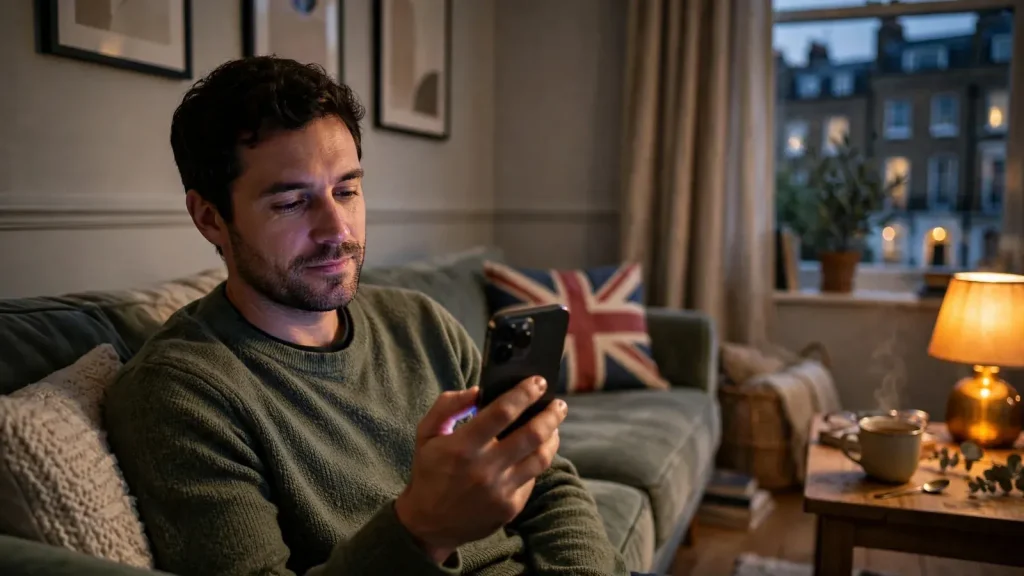 Person relaxing in a British living room using a smartphone at dusk