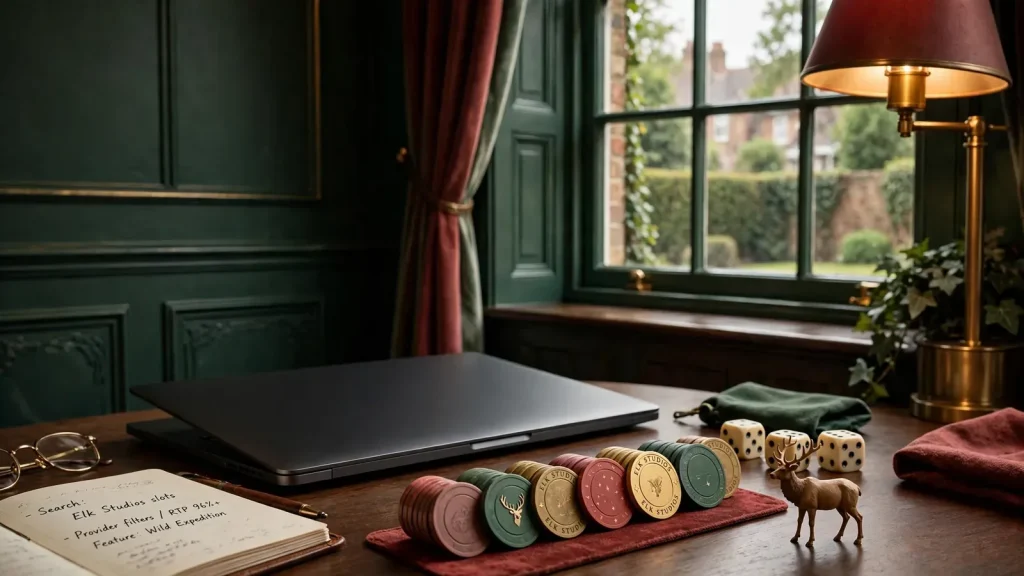 Elk-themed casino tokens and laptop in a stylish British gaming lounge