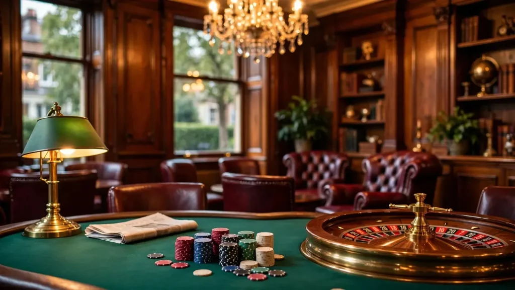 Elegant British casino lounge with roulette wheel and stacked chips on a green felt table