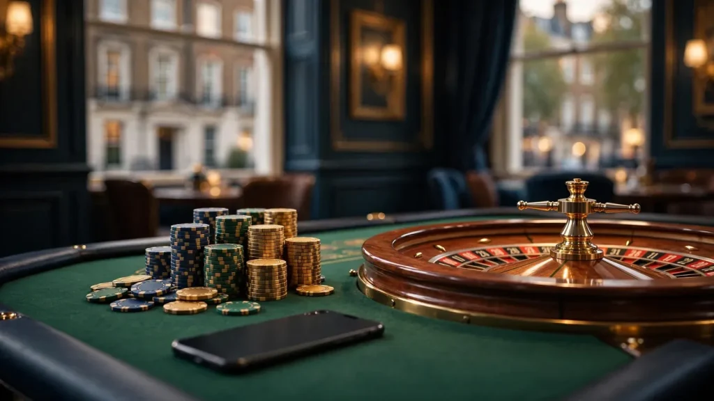 Elegant British casino table with roulette wheel, chips, and face-down smartphone