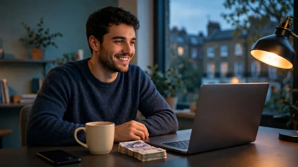 Person at a London desk with closed laptop and British pounds, suggesting quick casino payout.