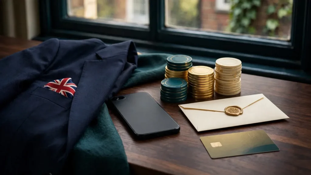 UK casino deposit bonus concept with chips, bank card, and closed phone