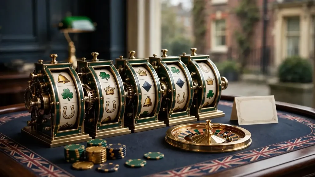 Illustrated five-reel casino setup with paytable, chips, and roulette wheel.