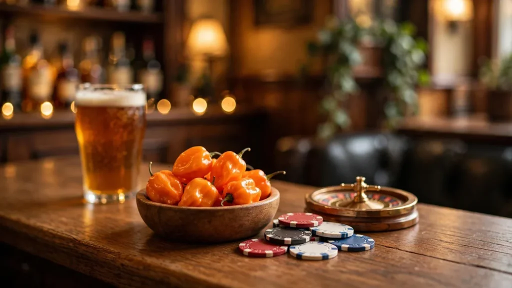 British pub bar with habanero peppers, casino chips, and roulette wheel