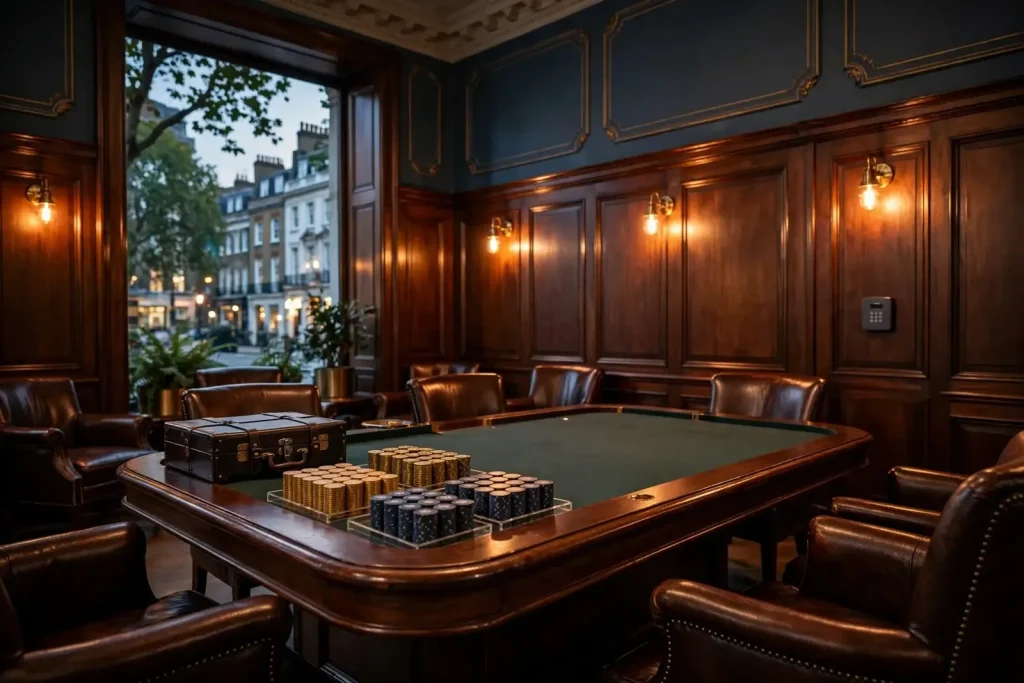 Luxurious London casino lounge with roulette table, high-value chips, and secure document case.