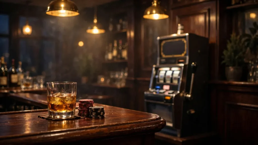 British pub interior with whisky glass and poker chips near a slot machine