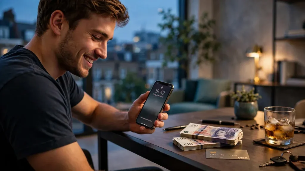 British man checking smartphone near pounds and credit card at desk