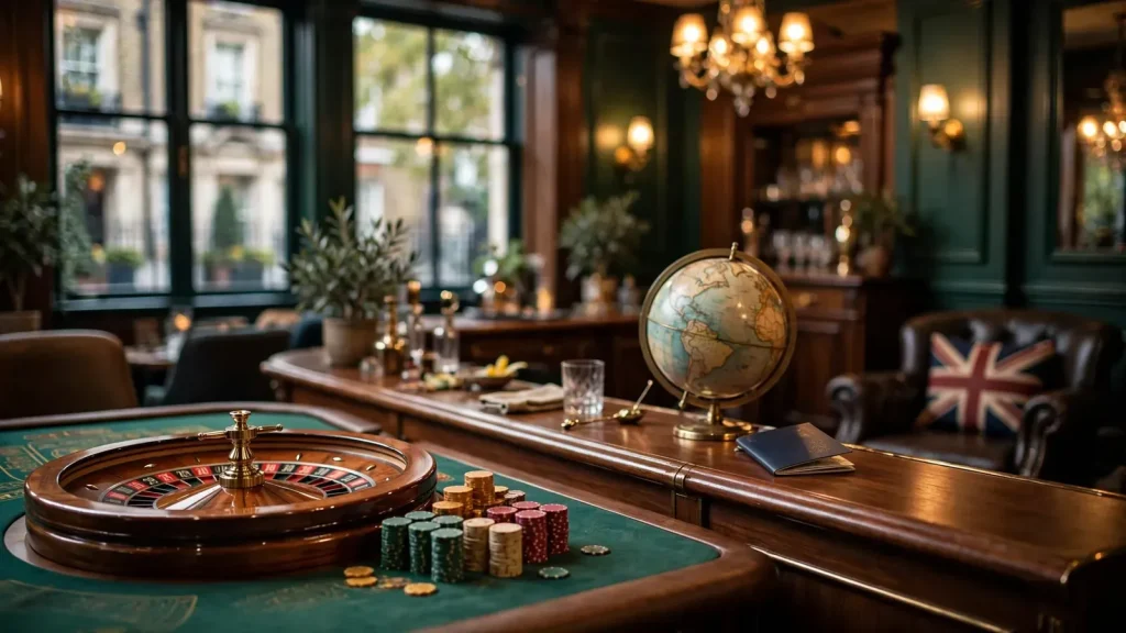 Elegant casino lounge with roulette wheel, chips, globe and passport for UK players