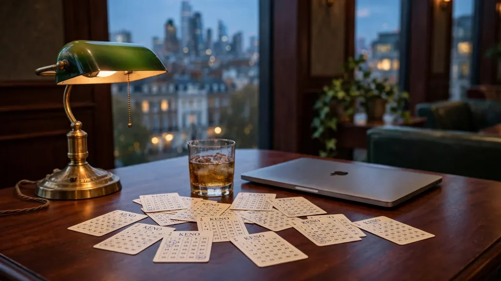 Modern UK online casino scene with keno cards and a closed laptop on a polished table.