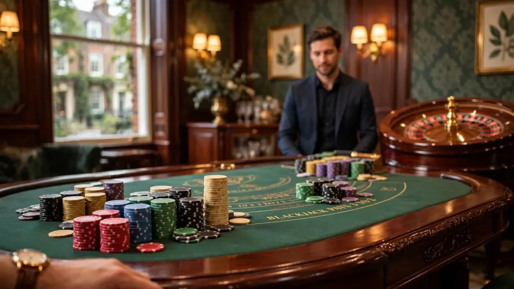 Elegant live casino studio with a blackjack table and roulette wheel