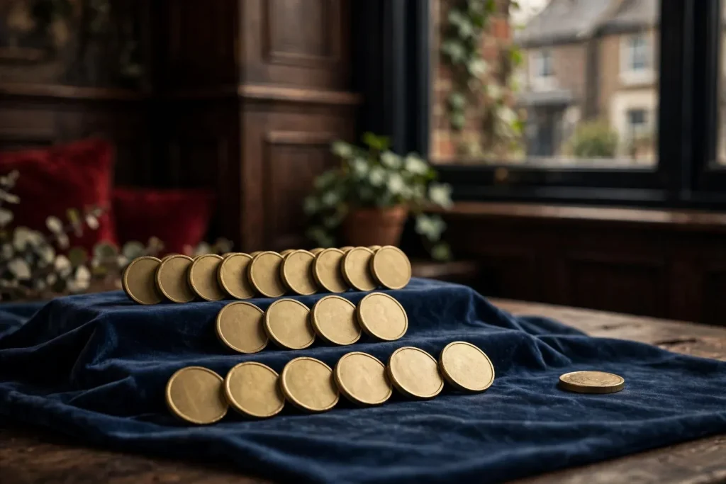 Unbranded casino tokens arranged to suggest steady low-volatility returns