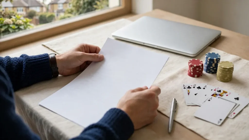 UK gambler reviewing bonus terms with casino props on a table
