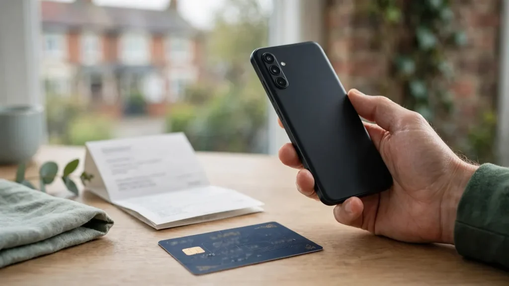 Smartphone beside a mobile bill and payment card, illustrating phone-credit casino deposits