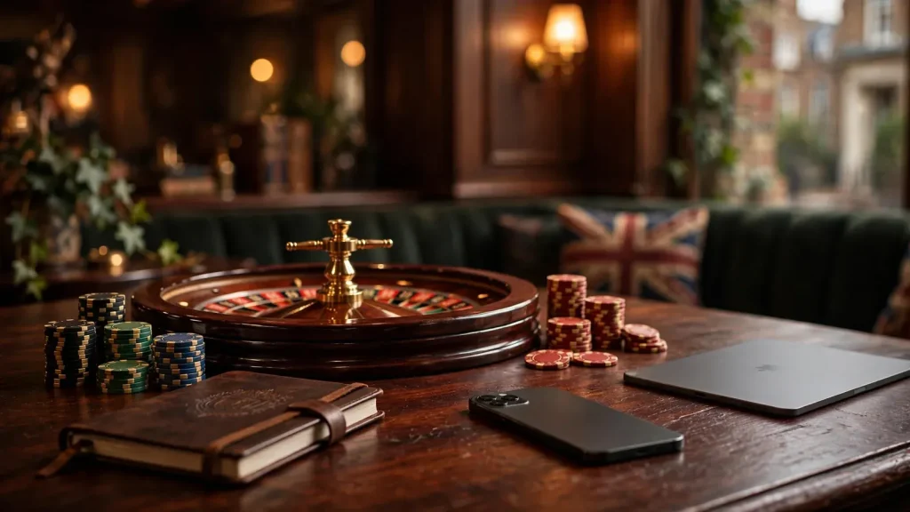 Elegant British-themed casino table with roulette wheel and chips, devices face-down