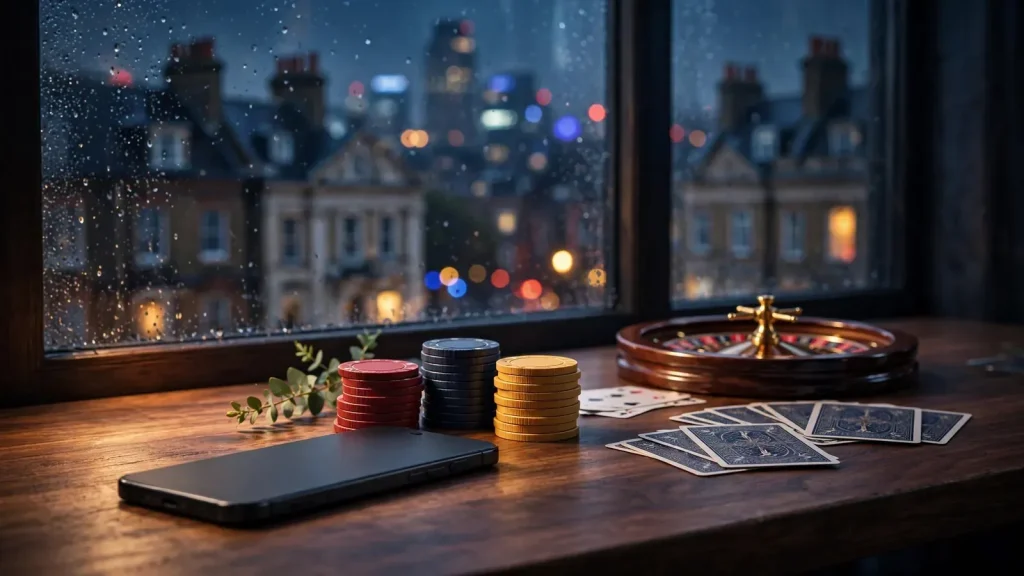 Closed smartphone, roulette accessories and London skyline in a premium casino setting