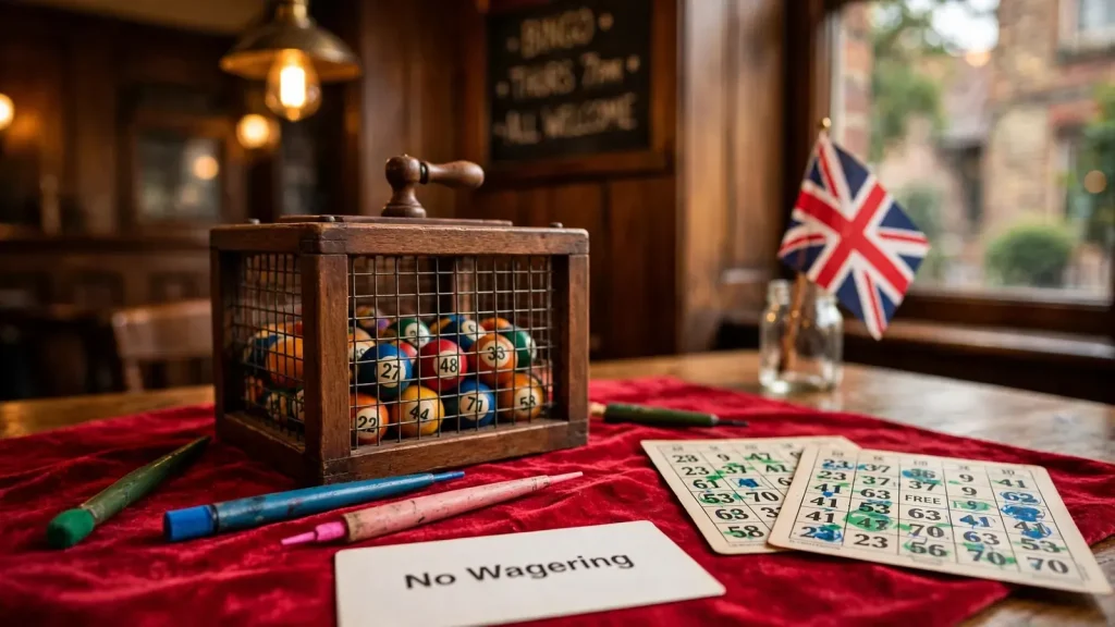 Traditional British bingo cage with numbered balls and cards on a velvet table, UK setting, no wagering concept