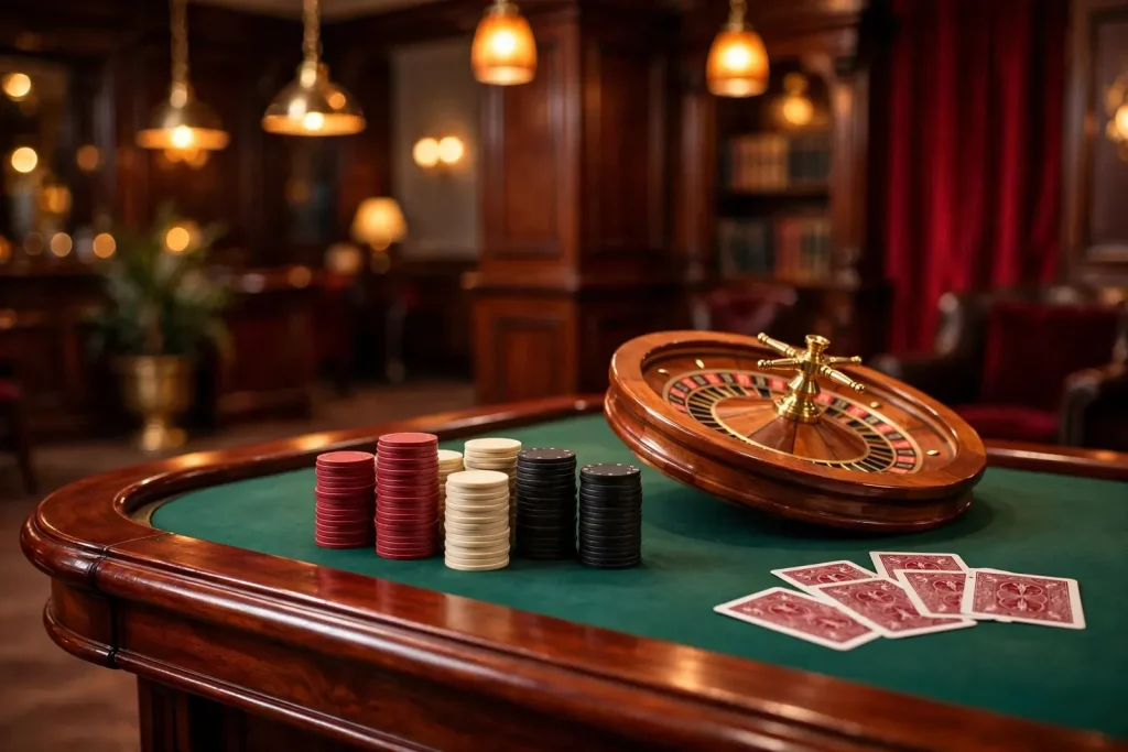 Elegant British casino table with stacked chips, roulette wheel, and playing cards under warm amber lighting
